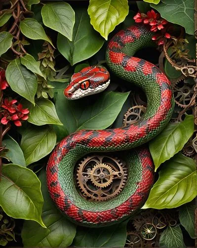 vipera,red tailed boa,liophis,pantherophis,lampropeltis,redbelly,nonvenomous,emperor snake,keelback,powelliphanta,christmas colors,pitviper,red and green,bengalensis,reticulatus,slithered,venomous snake,vasoconstrictor,serpent,pythons,Illustration,Realistic Fantasy,Realistic Fantasy 13