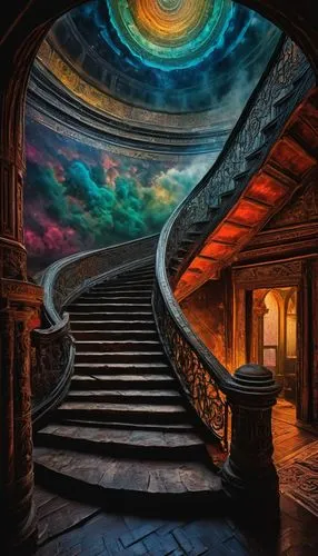 staircase,stairway,spiral staircase,stairway to heaven,winding steps,winding staircase,outside staircase,stairwell,circular staircase,the threshold of the house,the mystical path,colorful spiral,stone stairway,stairs,fantasy picture,fantasy art,psychedelic art,fractals art,stair,stargate,Illustration,Black and White,Black and White 01