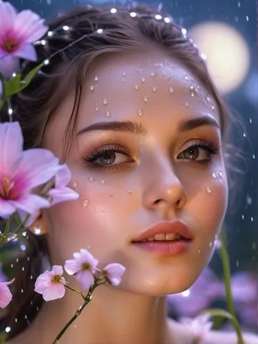 Moon on flower morning rain dew pretty girl face in moon fairy lights,faery,faerie,natural cosmetic,natural cosmetics,girl in flowers,beautiful girl with flowers,romantic look,beauty face skin,flower 