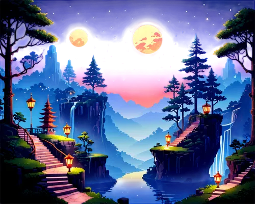 pixel art,fantasy landscape,cartoon video game background,landscape background,mushroom landscape,fairy world,night scene,mountain world,futuristic landscape,dreamlands,dusk background,paisaje,fantasy picture,game illustration,moon and star background,3d fantasy,retro background,fairy forest,magical adventure,wonderlands,Unique,Pixel,Pixel 01