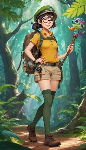 park ranger,biologist,hiker,zookeeper,adventurer,frog background,marie leaf,scout,mountain guide,explorer,tropical bird climber,park staff,piper,game illustration,farmer in the woods,librarian,wildlife biologist,cute cartoon character,trekking pole,forest clover,Unique,Design,Character Design