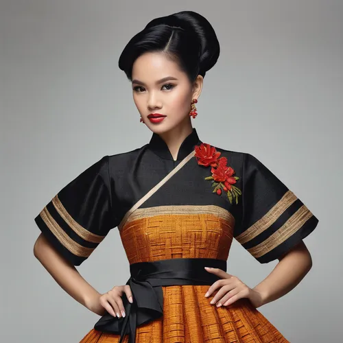 Design a Filipiniana dress adorned with traditional handwoven fabric.,geisha girl,geisha,asian costume,miss vietnam,hanbok,folk costume,vietnamese woman,oriental girl,chinese style,oriental princess,j