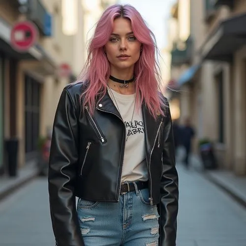 pink hair,neopolitan,punk,leather jacket,lauper,dark pink in colour,Photography,General,Realistic