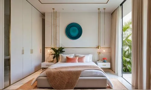 dropped bulk ceiling around with hidden light
use colorful scene vibes,a bedroom that has some light colors on the walls and floor,amanresorts,hallway space,modern decor,contemporary decor,modern room