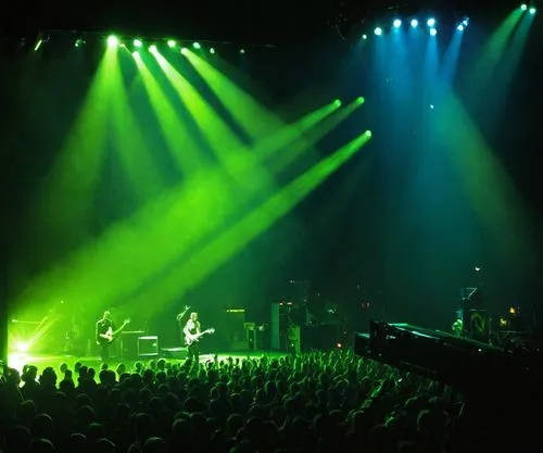 a concert with bright green lighting and spotlights,wiltern,metric,tavastia,sportpaleis,phish,houselights,Illustration,Realistic Fantasy,Realistic Fantasy 16