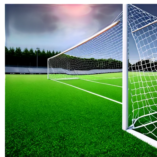 Stadium goal, soccer net, white posts, black mesh, shiny surface, metal frame, grassy field, sunny day, dramatic lighting, low-angle shot, 3/4 composition, vivid color tone, realistic texture.,there i