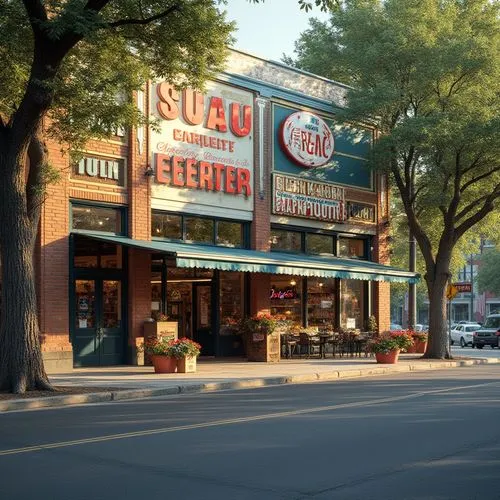 Suburban grocery store, eclectic style, colorful exterior, mixed materials (brick, wood, metal), ornate signage, vintage advertisements, flower boxes under windows, sidewalk, asphalt road, parked cars