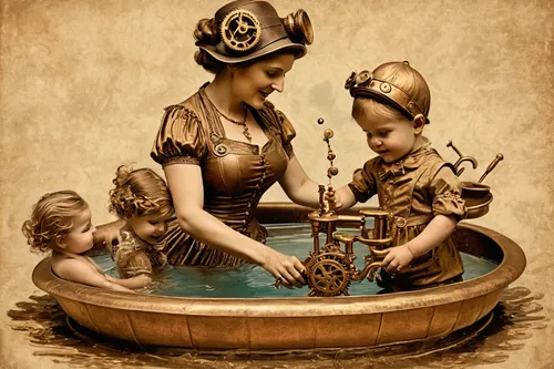 nautical children,baby bathing,steampunk,infant baptism,vintage children,vintage boy and girl,motherhood,baptism,water game,steampunk gears,vintage girls,tour to the sirens,vintage women,resuscitator,harmonious family,sirens,capricorn mother and child,children's fairy tale,seafaring,plumbing,Illustration,Realistic Fantasy,Realistic Fantasy 13