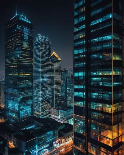 Modern international architecture style, grand skyscraper, sleek metal frame, large glass windows, minimalist design, geometric shapes, vibrant cityscape, busy streets, blurred motion, night scene, ne