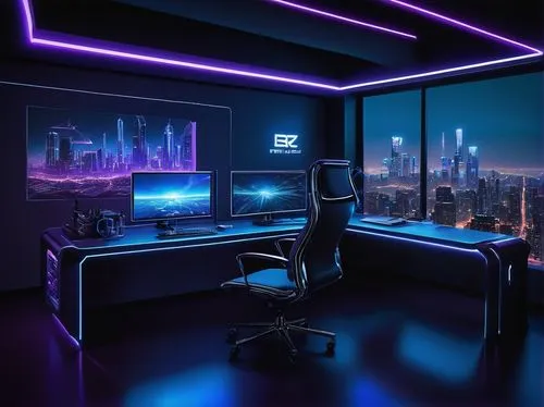 computer room,blur office background,computer desk,desk,modern office,monitor wall,working space,creative office,study room,modern room,game room,computer workstation,neon lights,3d background,music workstation,neon light,office desk,the server room,work space,purple wallpaper,Conceptual Art,Fantasy,Fantasy 13