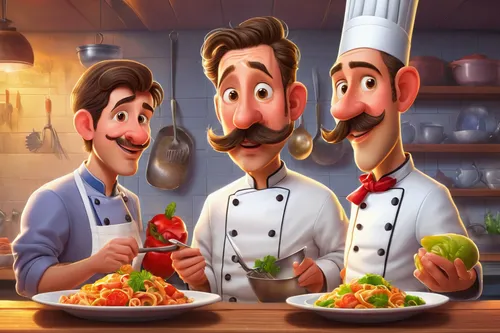 ratatouille,chefs,men chef,cooking show,cooking book cover,capellini,chef,italian pasta,pasta pomodoro,tomatos,food and cooking,cooks,arancini,sicilian cuisine,linguine,stewed tomatoes,chef hats,arrabbiata sauce,pasta,gastronomy,Illustration,Realistic Fantasy,Realistic Fantasy 26