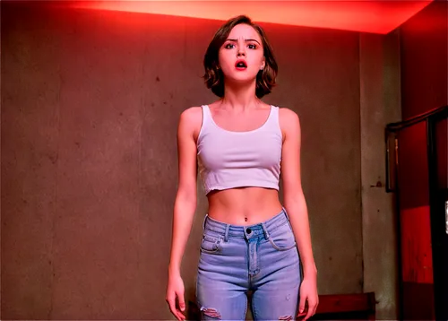 Pale-skinned girl, horror scream, solo, (18yo), terrified facial expression, messy brown hair, dark circles under eyes, white tank top, ripped jeans, bare feet, standing, creepy atmosphere, dim red li