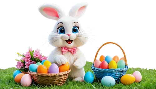 Easter bunny, cartoon style, smiling face, big shiny eyes, fluffy white tail, colorful eggs, basket full of treats, spring flowers, green grass, sunny day, bright warm lighting, low-angle shot, shallo