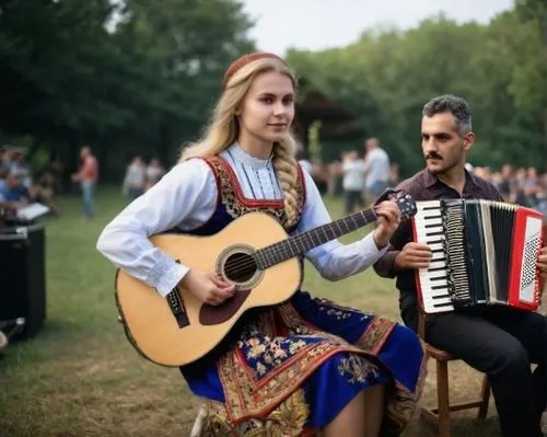 Sitting on chair, open air, stage, two men playing, percussion, accordion,russian folk style,accordion player,turkish culture,accordionist,ukrainian levkoy,village festival,russian culture,balalaika,f