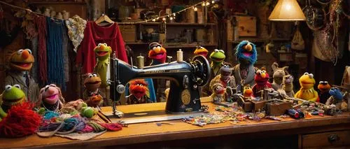 Muppet creator, workshop setting, wooden desk, scattered fabric pieces, colorful threads, half-made muppets, scissors, needles, creative messy environment, warm lighting, vintage sewing machine, butto