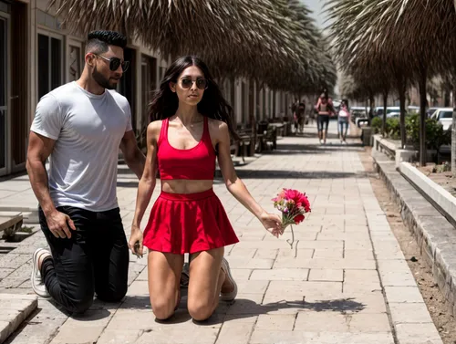 He kneels down and brings her a flower.,pamukkale,man in red dress,zelimkhan,persians,date palms,hala sultan tekke,jerba,djerba,souk madinat jumeirah,larnaca,red skirt,lykourezos,baladiyat,kyriakopoul