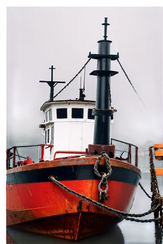 Tugboat, industrial vessel, rusty red hull, white cabin, black chimney, thick rope, anchor chain, docked, morning mist, warm lighting, shallow depth of field, 3/4 composition, realistic texture, detai