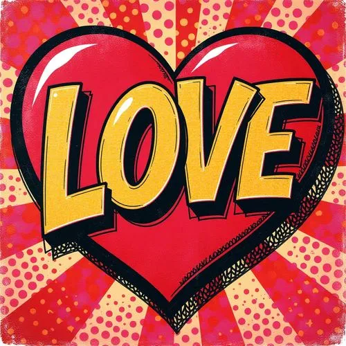 Pop Art. Close-up. The word "LOVE" encased in a heart. Medium shot. Gareth Edwards and Roy Lichtenstein comic book style. Bold, bright, and colorful typography with Ben-Day dots. A distressed texture 