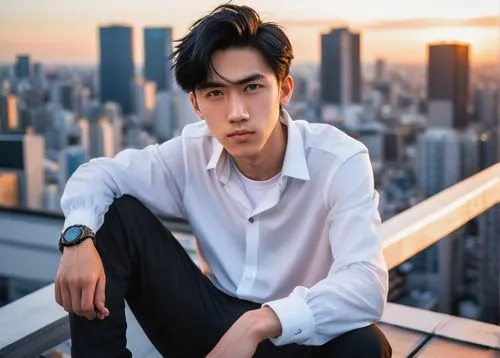 Neo Hajime, handsome young man, solo, (18yo), spiky black hair, bright blue eyes, sharp facial features, white shirt, black pants, black shoes, casual wear, sitting on a rooftop, cityscape background,