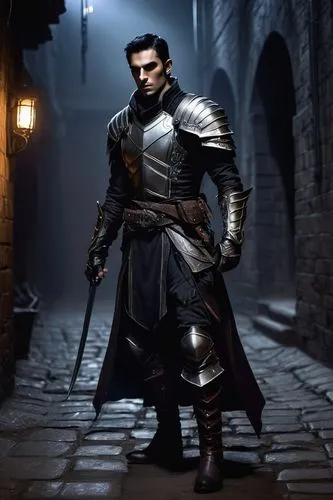 Male, rogue, dark elf, lean physique, mysterious eyes, pointed ears, black hair, scar above eyebrow, leather armor, silver trim, intricate details, chest plate, gauntlets, belt with silver buckle, boo