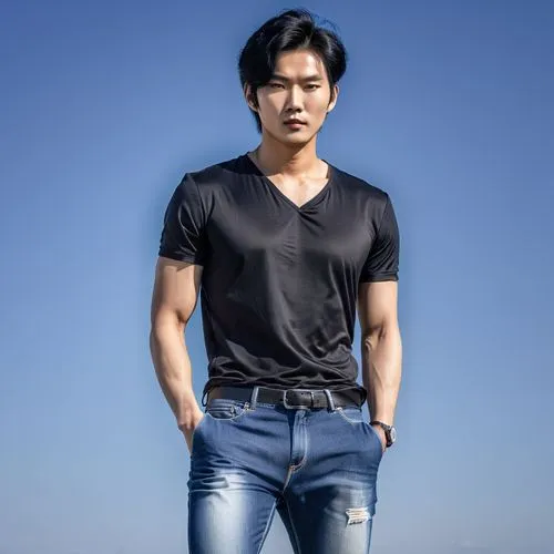 korean man model black hair,an asian man is standing in jeans and a black shirt,junsu,yunho,ksh,piolo,minjun,khj,Photography,General,Realistic