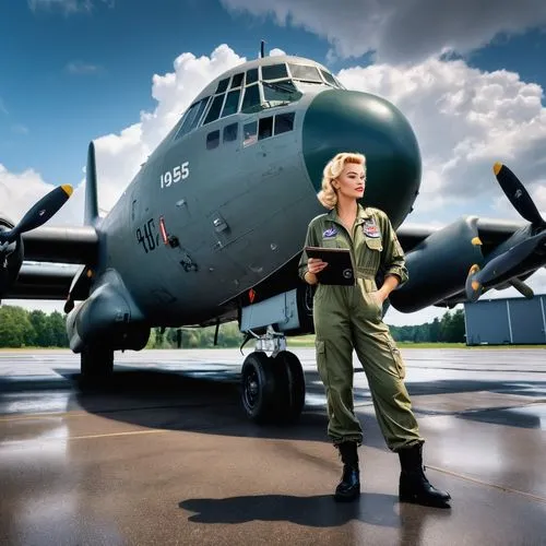 Clse-up of a a gorgeous and stunning 32 years old female 1955 Pilot with blonde short 1955 hairdo wearing full USAF summer flight gear and light-green overall, black fingerless leather gloves and Gaun