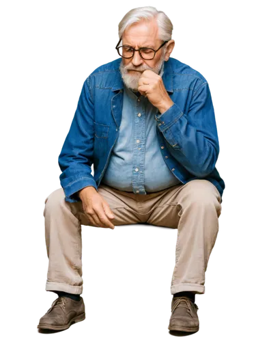 Old man, sadness, wrinkles, white hair, thick beard, glasses, worn-out clothes, sitting, leaning forward, hands clasped together, solemn expression, warm lighting, shallow depth of field, cinematic co