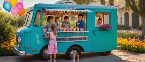 ice cream van,ice cream cart,flower car,ice cream stand,volkswagenbus,flower cart,vwbus,ice cream shop,easter truck,cartoon car,piaggio ape,ice cream parlor,children's ride,ice cream on stick,food truck,vw bus,ice cream maker,sweet ice cream,house trailer,kawaii ice cream,Art,Classical Oil Painting,Classical Oil Painting 42