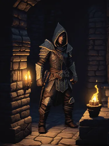 fantasy video game, Skyrim, removing stolen tag, character action, sneaky thief, crouching position, leather armor, lockpicking tools, enchanted gloves, dark hood, dimly lit room, treasure chest, anci