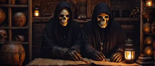 Skull, merchant, mysterious, hood up, dark robes, leather gloves, bony fingers, eerie eyes, sinister grin, ornate skull mask, intricate carvings, old parchment maps, dusty tomes, dimly lit, wooden cra