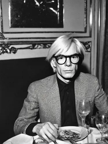 andy warhol,warhol,tilda,roy lichtenstein,erich honecker,blonde woman reading a newspaper,silver framed glasses,karl,kahn,diet icon,two glasses,gena rolands-hollywood,matruschka,woman in menswear,epicure,dining,hipster,new york restaurant,1973,stieglitz,Illustration,Abstract Fantasy,Abstract Fantasy 04