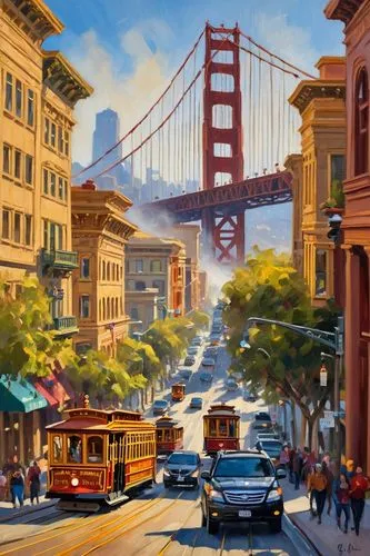 San Francisco cityscape, architecture tour, daytime, sunny weather, clear blue sky, modern skyscrapers, glassy reflections, ornate historic buildings, intricate stonework, iconic Golden Gate Bridge, s