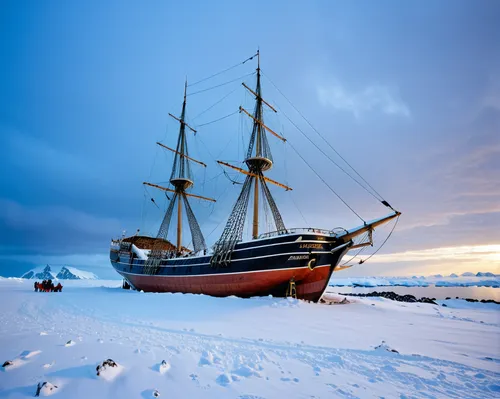 The scientists in Antarctica find an old sailing ship partially buried in the snow, the snowstorm is still blowing in the background.,viking ship,east indiaman,ice boat,tall ship,mayflower,tallship,sa