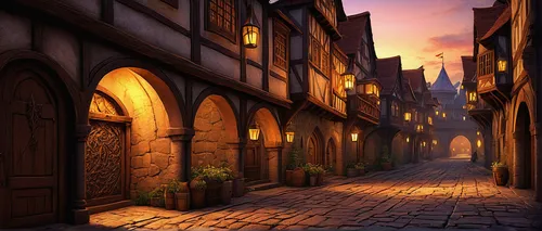 medieval street,the cobbled streets,medieval town,narrow street,old linden alley,alleyway,old town,medieval architecture,townhouses,cobblestone,hogwarts,townscape,old city,hamelin,cobblestones,alley,the old town,world digital painting,backgrounds,knight village,Art,Classical Oil Painting,Classical Oil Painting 09