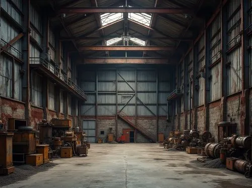 industrial hall,warehouse,empty factory,factory hall,abandoned factory,hangar,warehouses,roest,dogpatch,locomotive shed,lumberyard,warehouseman,hangars,warehousing,foundry,fabrik,old factory,cooperage,metalworks,waggonfabrik,Photography,General,Realistic