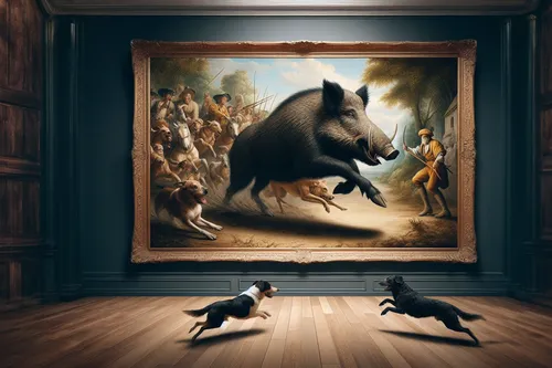 background,whimsical animals,surrealism,animals hunting,fantasy art,fantasy picture,man and horses,bull and terrier,hunting scene,photomanipulation,unicorn art,photo manipulation,black horse,art galle