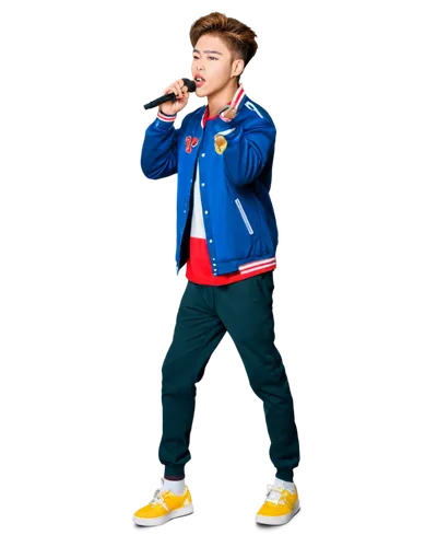 boy, K-pop idol, solo, (20yo), trendy hairstyle, bold eyebrows, colorful outfit, sneakers, microphone, confident pose, dynamic dance moves, spotlight, vibrant colors, high-energy atmosphere, close-up 