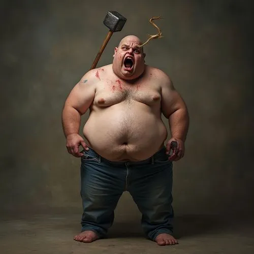 a photorealistic image, A photorealistic image, the background of the image has a studio photography background texture. An obese, disgusting person, wearing jeans but no shirt, has a hammer-shaped he