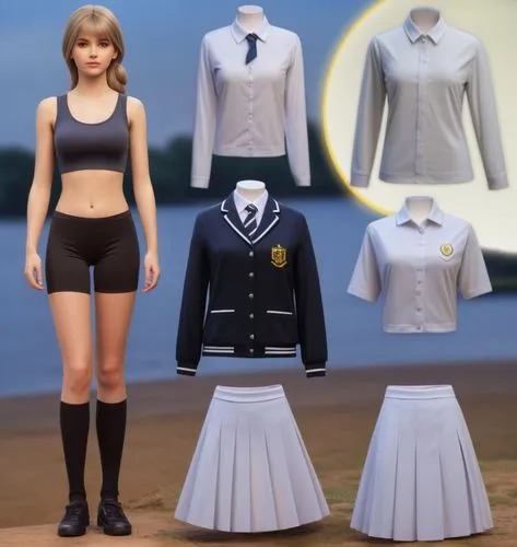 Paper doll British 16 year old schoolgirl in black sleeveless shirt ,black tight fit nike spandex shorts with black sock and black shoe standing surrounded by with a set of british school uniform, shi