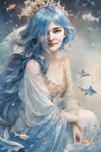 amphitrite,blue enchantress,fairy queen,undine,rosa 'the fairy,the sea maid,sirene,margairaz,karou,frosta,sona,faerie,fairie,the snow queen,fantasy picture,mermaid background,aquarius,behenna,bjork,melian,Digital Art,Watercolor