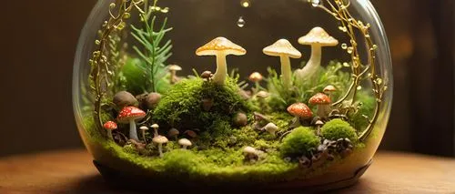 Whimsical Ghibli-inspired terrarium, miniature forest, misty atmosphere, soft green moss, tiny mushrooms, glowing fireflies, intricate wooden frames, delicate vines, sparkling dew drops, warm golden l