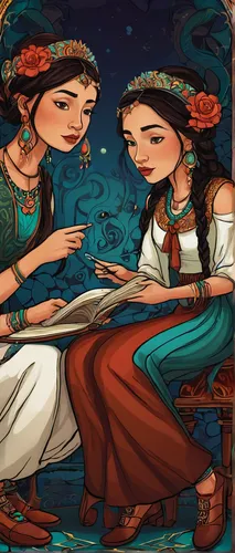 nowruz,iranian nowruz,arabic background,jasmine,game illustration,two girls,jasmine flowers,boho art,fortune telling,khokhloma painting,novruz,shamanism,dowries,indian art,coffee tea illustration,braiding,meticulous painting,jasmine flower,snake charmers,celebration of witches,Illustration,Realistic Fantasy,Realistic Fantasy 45