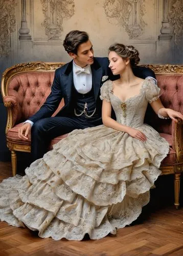 quinceanera dresses,bridal clothing,crinoline,ball gown,vintage man and woman,wedding couple,wedding dresses,young couple,victorian style,overskirt,hoopskirt,romantic portrait,the victorian era,damask background,wedding photo,silver wedding,quinceañera,debutante,wedding invitation,victorian fashion,Photography,General,Fantasy