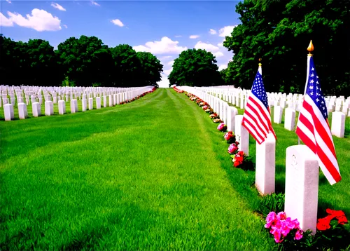 American flags, memorial wreaths, solemn atmosphere, sunny day, blue sky, white clouds, gentle breeze, patriotic spirit, soldiers' graves, Arlington National Cemetery, flowers on tombs, family visits,