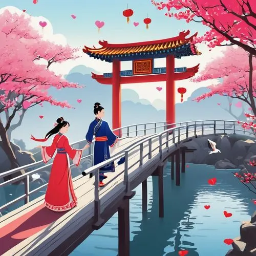 A simple flat illustration of the romantic theme of the Chinese Valentine's Day, simple flat illustration, romantic illustration of the Chinese Valentine's Day, illustration design, new Chinese style,