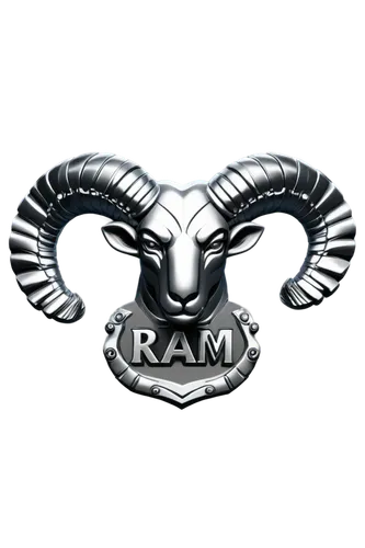 Ram logo, Dodge emblem, silver chrome finish, detailed 3D model, aggressive bull shape, curved horns, bold font, metallic texture, reflective surface, shallow depth of field, dramatic lighting, low-an