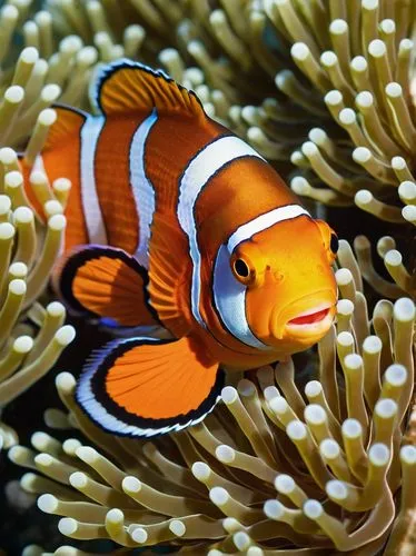 Clownfish Nemo, orange and white stripes, big curious eyes, swimming in coral reef, seaweed, ocean plants, school of fish, sunny day, clear water, 3/4 composition, close-up shot, shallow depth of fiel