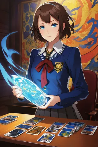 female character, Persona 4 theme, holding skill cards, dynamic pose, blue eyes, short brown hair, school uniform, high school setting, action stance, velvet room background, tarot card motifs, intric