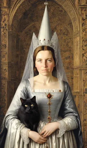 (woman Isabelle de Bourbon in 15th century medieval dress holding a one British dark grey cat in her arms: 1,5),
(on the woman's head there is a high Gothic cone "atour" with veil: 1,5), (a veil hangs