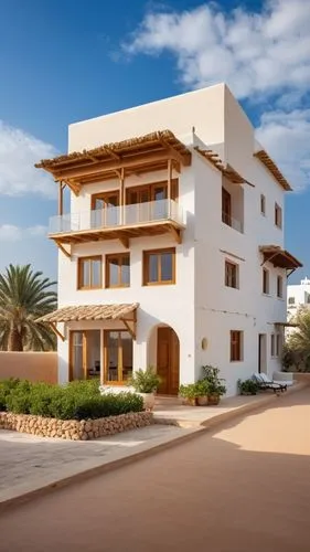 a two story building in a desert setting with palm trees,gouna,nuweiba,dakhla,djerba,holiday villa,dunes house,Photography,General,Realistic